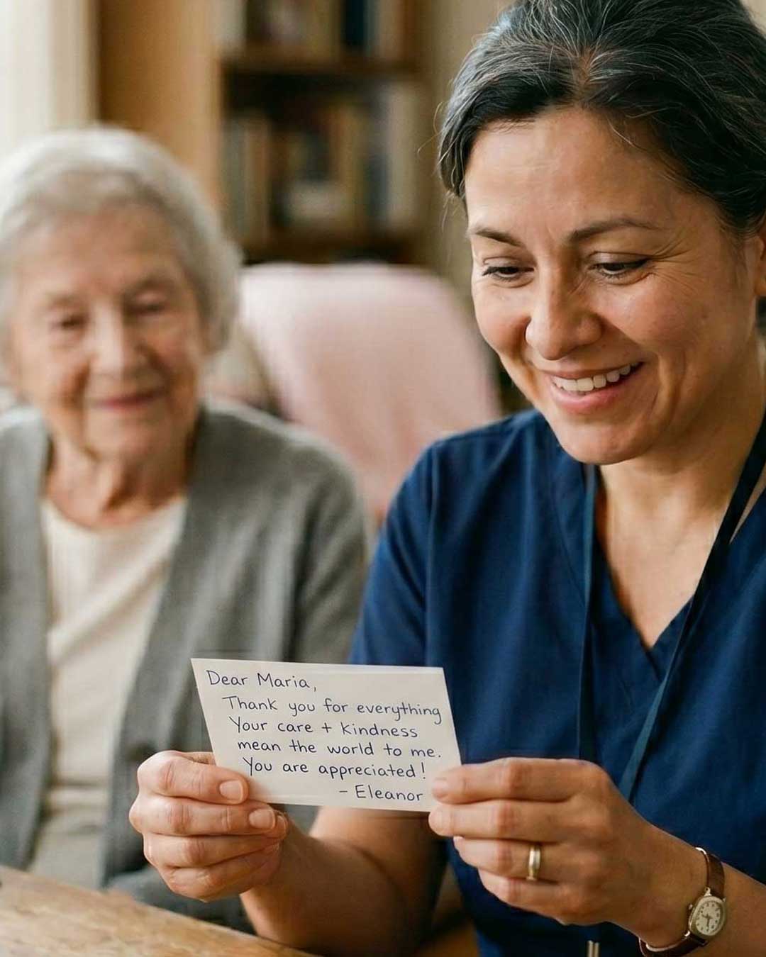 Woman holding a handwritten card with an older woman in the background