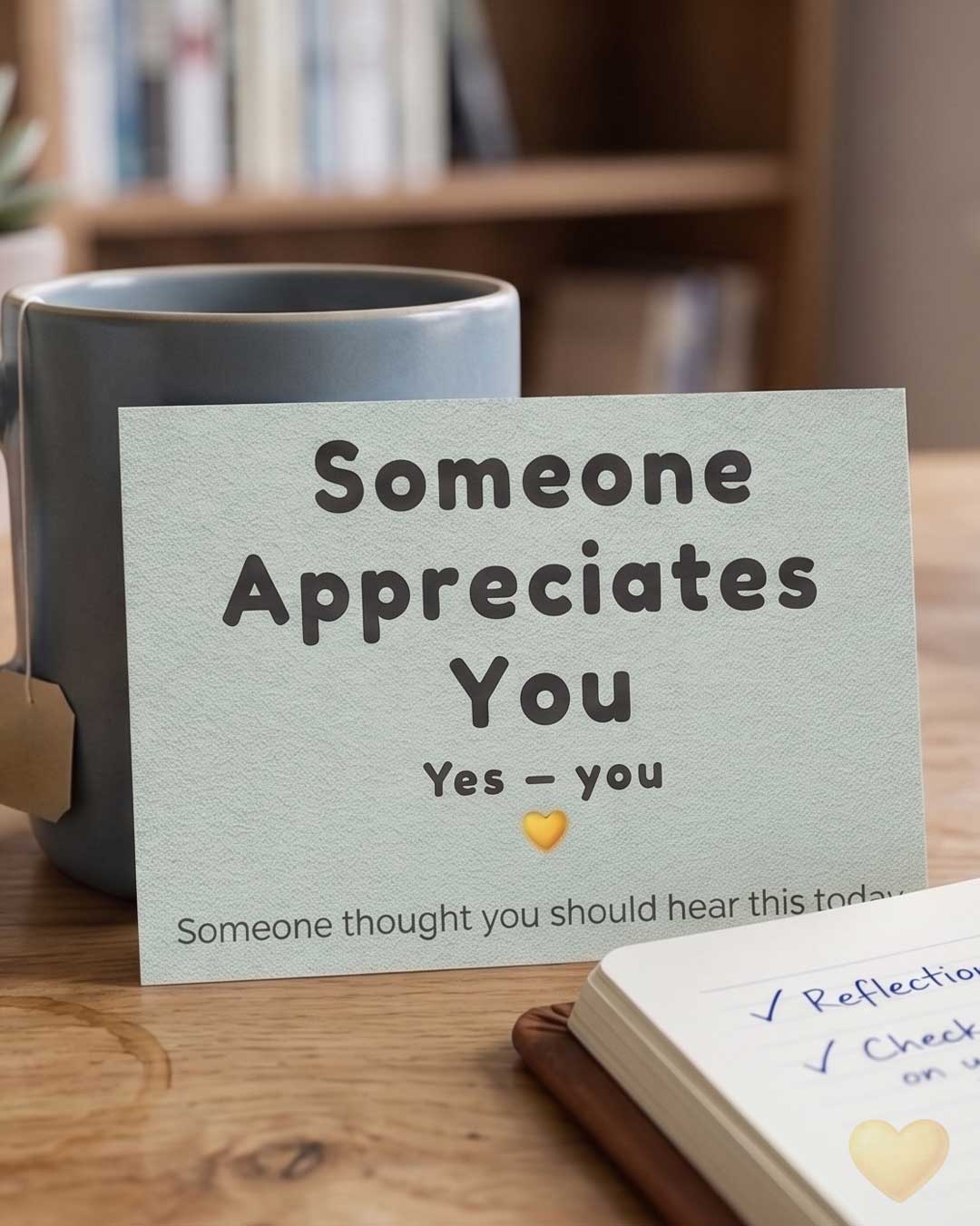 Motivational card with 'Someone Appreciates You' message next to a mug on a wooden surface.