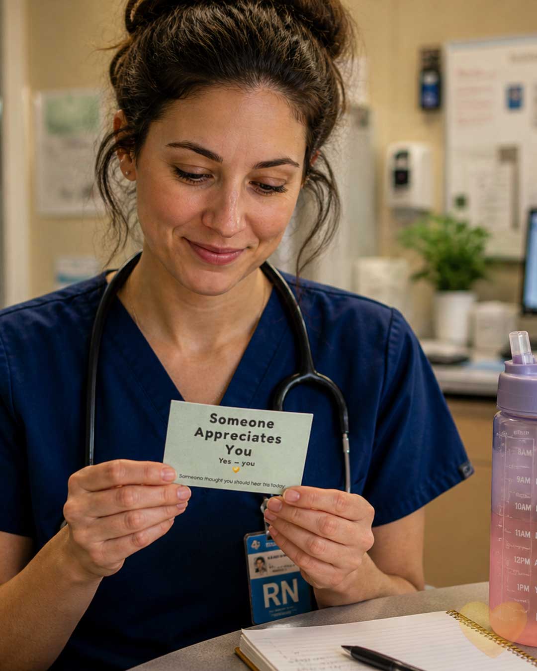 Nurse holding a card that says 'Someone Appreciates You' in a hospital setting