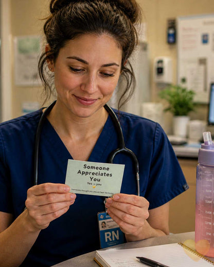 Nurse holding a card that says 'Someone Appreciates You' in a hospital setting