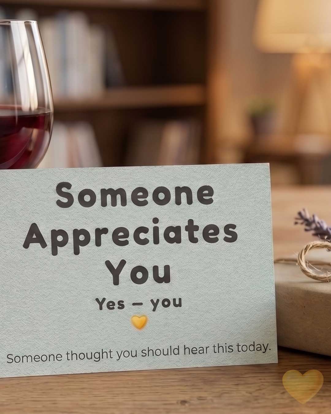 Card with 'Someone Appreciates You' message on a wooden surface with a glass of red wine and a ring.