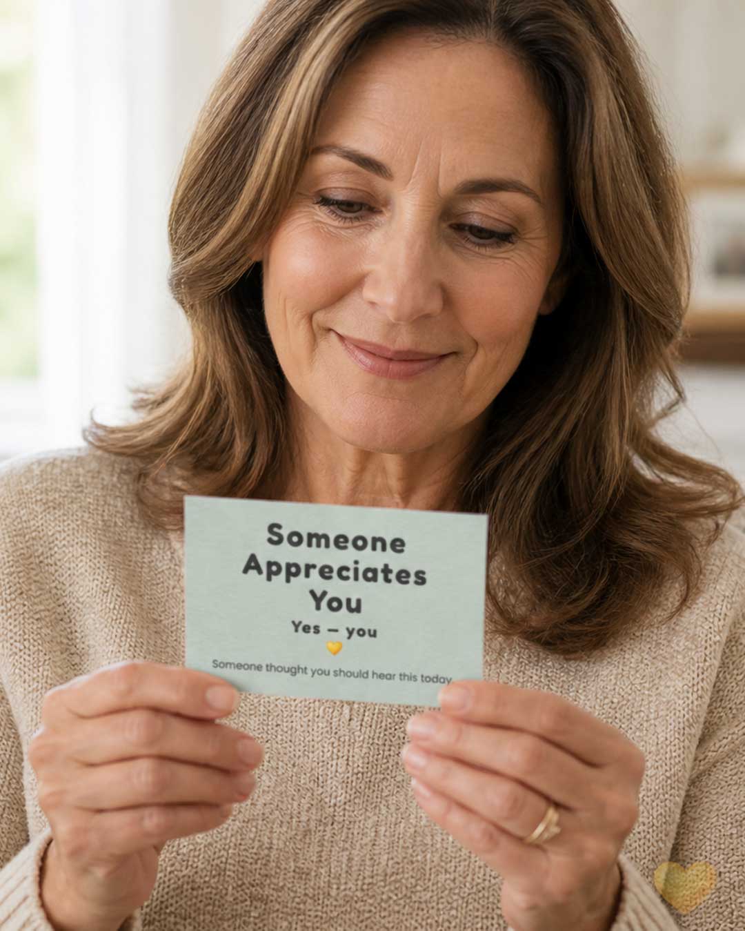 Woman holding a card that says 'Someone Appreciates You' with a smile.