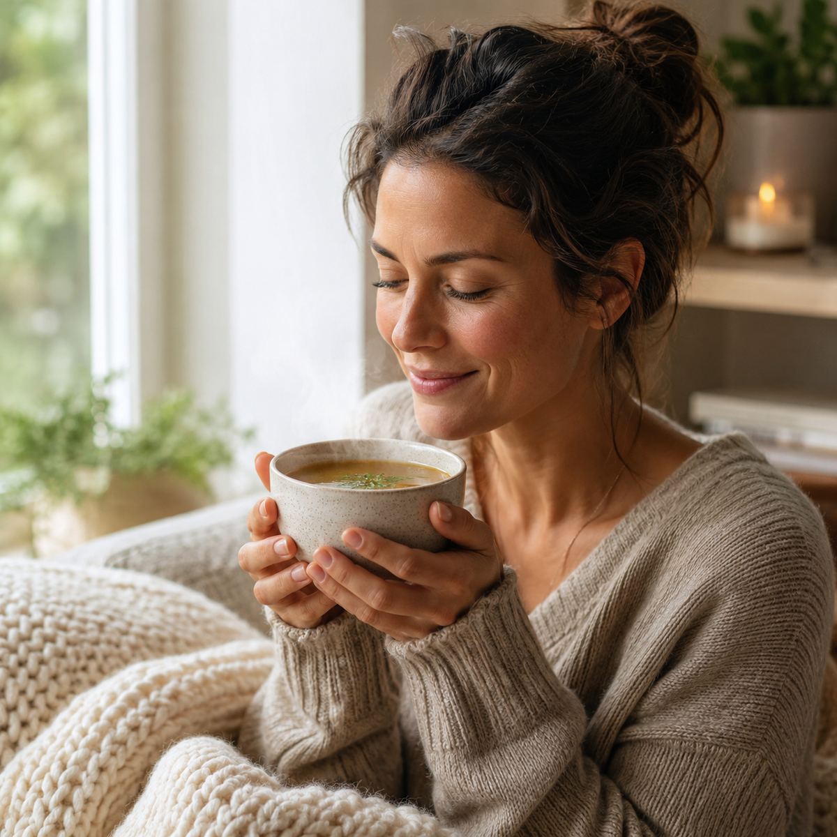 Woman holding a steaming mug of chicken broth in a cozy setting