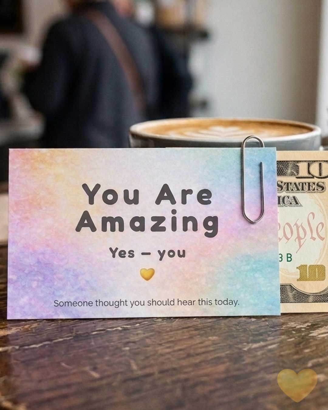 you are amazing card with $10 paperclipped to it in a coffee bar