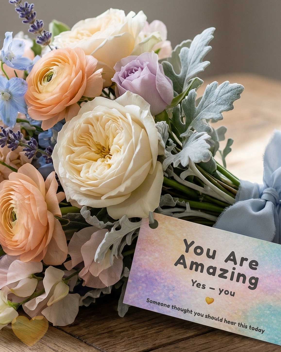 Bouquet of flowers with a 'You Are Amazing' card on a wooden surface