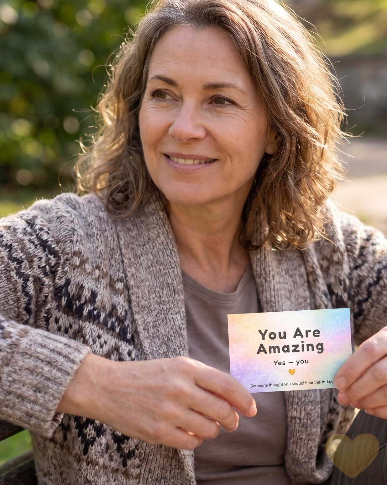 Woman holding a card that says 'You Are Amazing' outdoors.