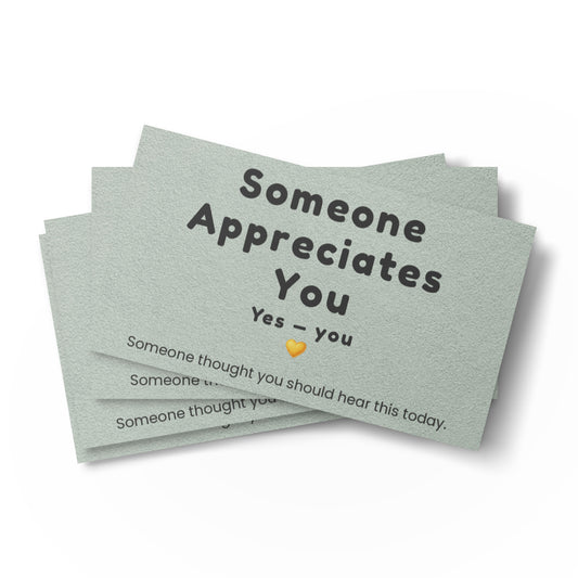 Someone Appreciates You sage green kindness cards in a stack