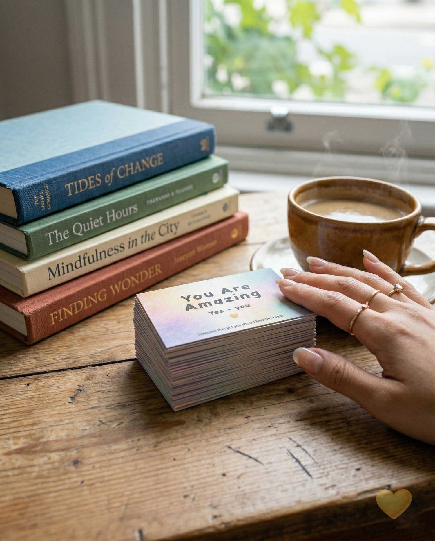 Stack of books on a wooden table with a cup of coffee and a hand holding a card.