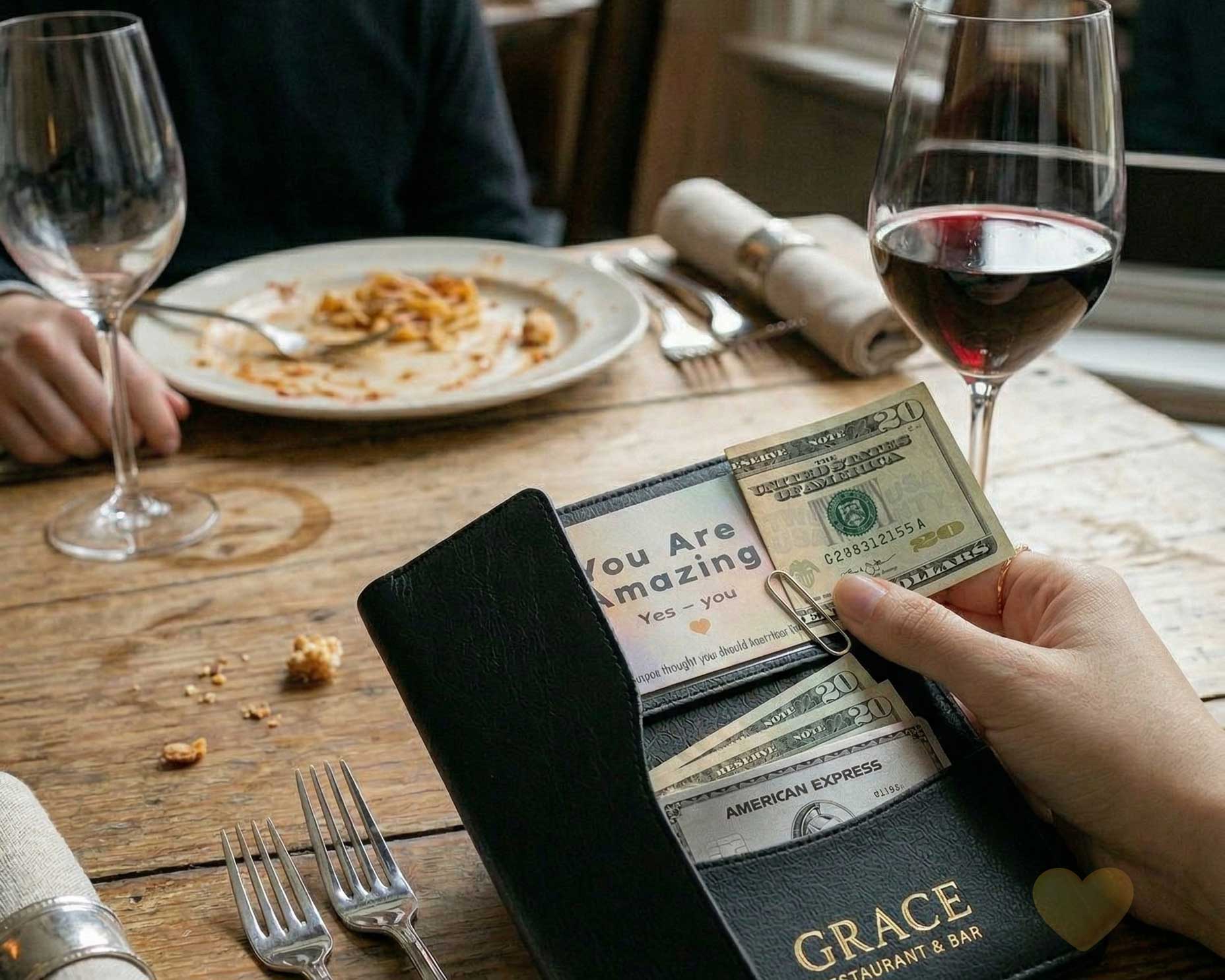Person holding a wallet with money and a card, with a restaurant setting in the background.