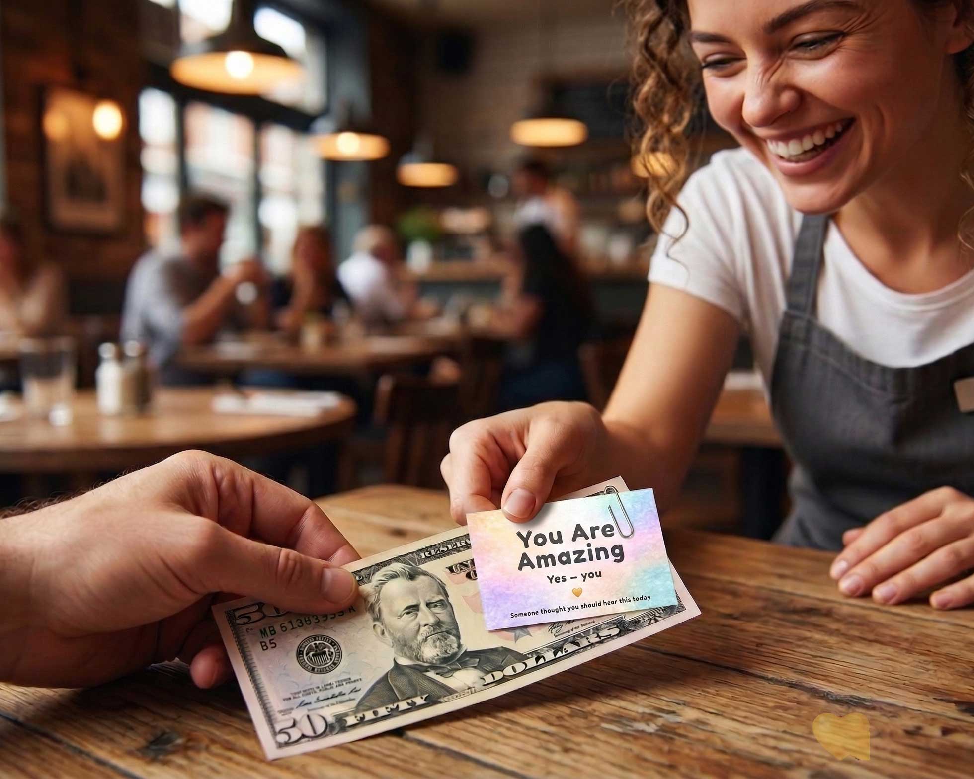 Person receiving money from a waitress with a 'You Are Amazing' card in a restaurant setting.
