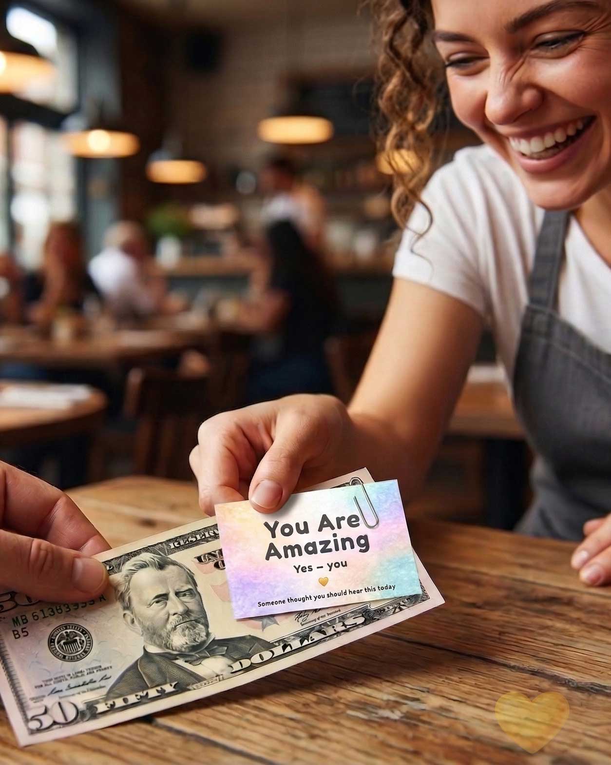 Person receiving a card with 'You Are Amazing' message on a dollar bill in a restaurant setting