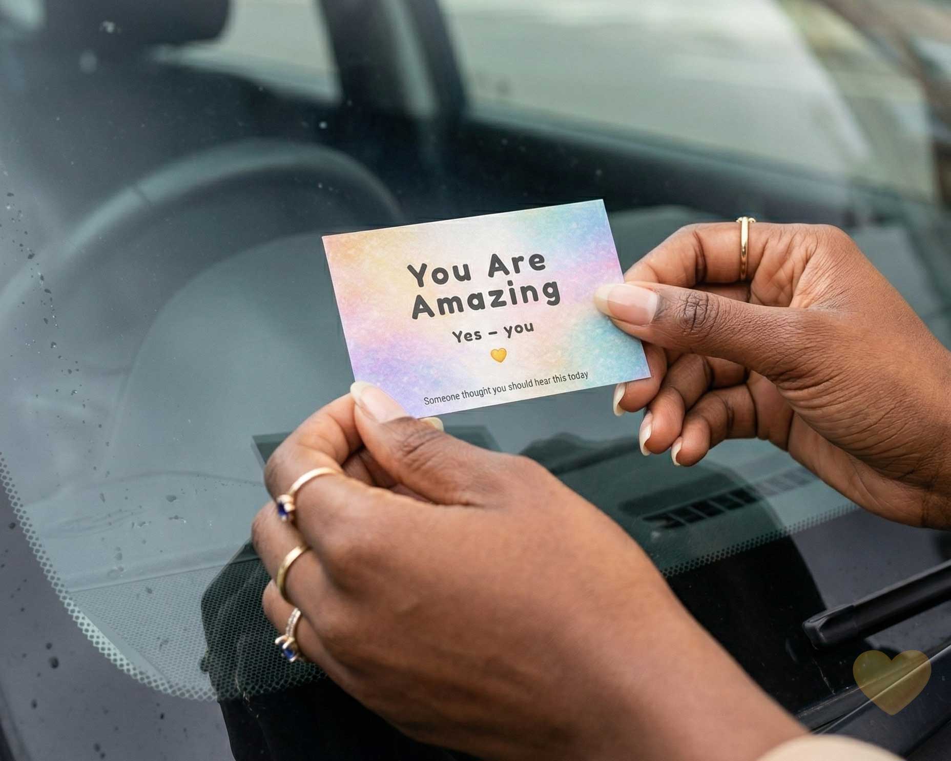 Person holding a card with 'You Are Amazing' message in front of a car window