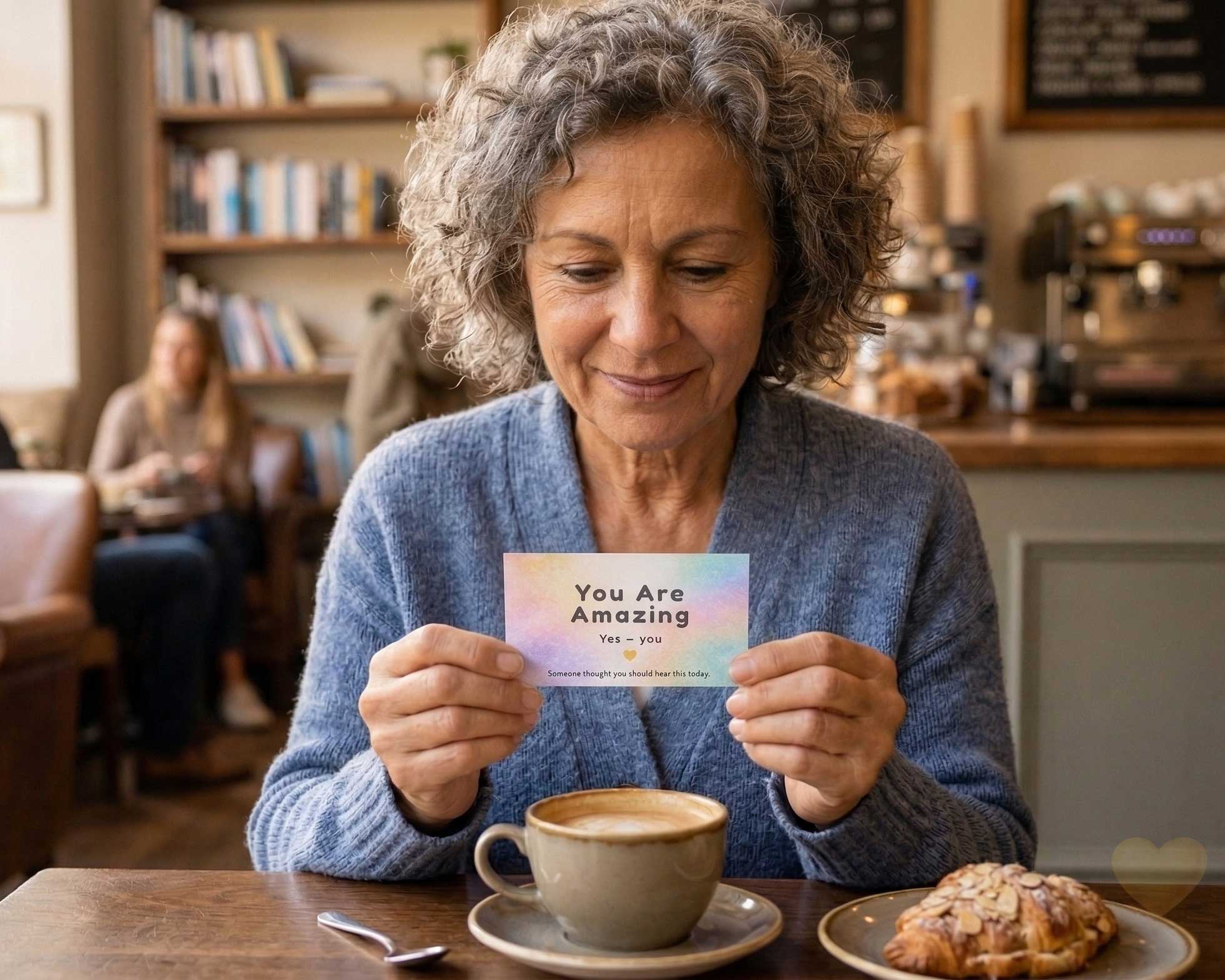 Woman holding a card saying 'You Are Amazing' in a cafe setting