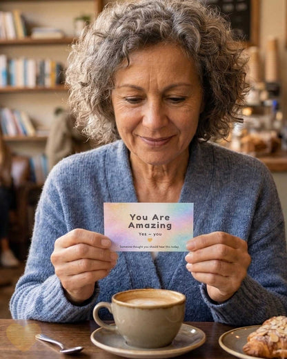 woman reading back of you are amazing card